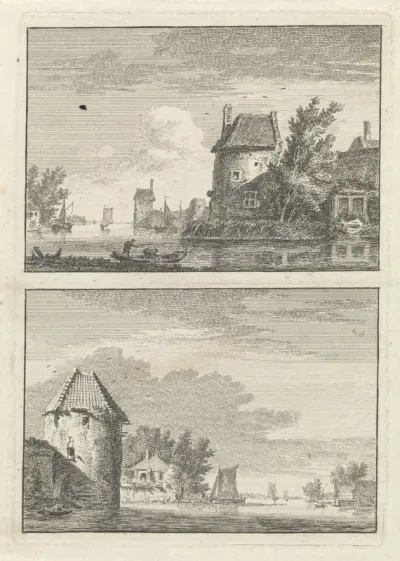 Twee rivierlandschappen met een toren