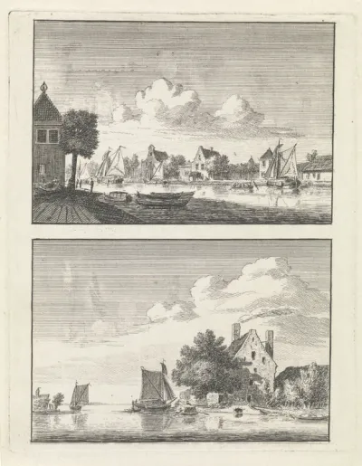 Twee rivierlandschappen met zeilschepen bij huizen