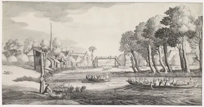 Twee roeiboten op een rivier bij een dorp