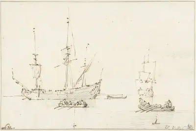 Twee roeiboten varen in de richting van een koopvaardijschip