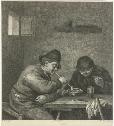 Twee rokende boeren aan een tafel