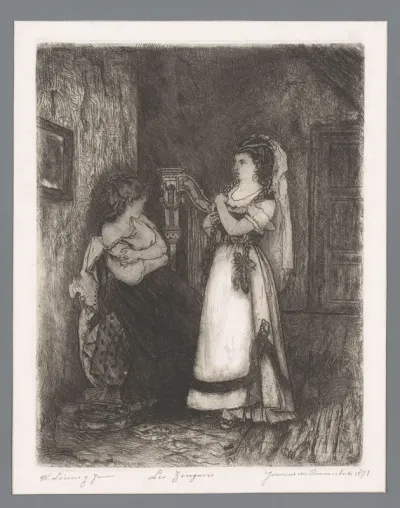 Twee Romavrouwen in een vertrek met een harp