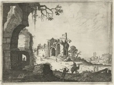 Twee ruïnes in een landschap