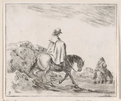 Twee ruiters steken te paard een rivier over