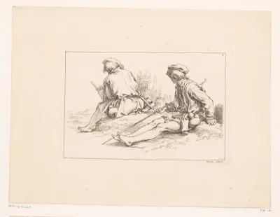 Twee rustende figuren in een landschap