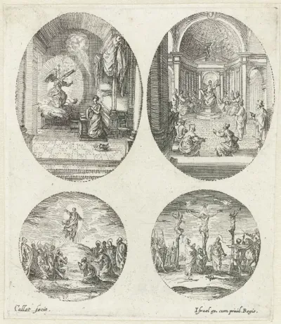 Twee scènes uit het leven van Maria en twee Passiescènes: Annunciatie, De twaalfjarige Christus in de tempel, Hemelvaart, Kruisiging