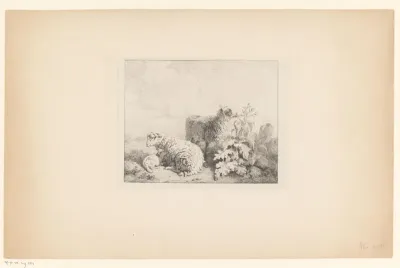 Twee schapen en een lam in een landschap met distel