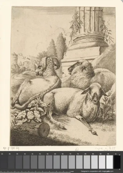Twee schapen en een ram bij voet van een zuil