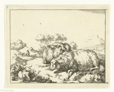Twee schapen, liggend, met herder op achtergrond