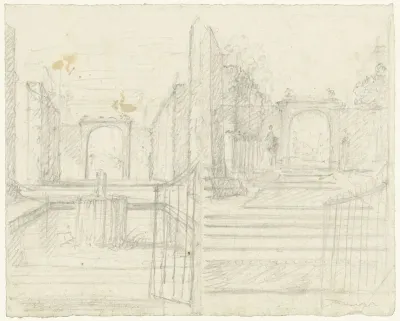 Twee schetsen van een tuin met een vijver, op de voorgrond een openstaand hek