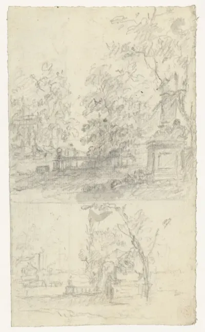 Twee schetsen van een tuinlandschap