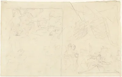 Twee schetsen van figuren in een landschap