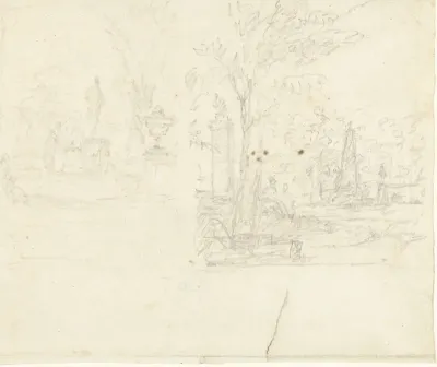 Twee schetsen van tuinen met sculpturen en architectuur