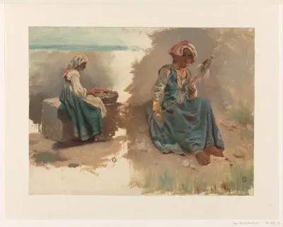 Twee schetsen van zittende vrouwen