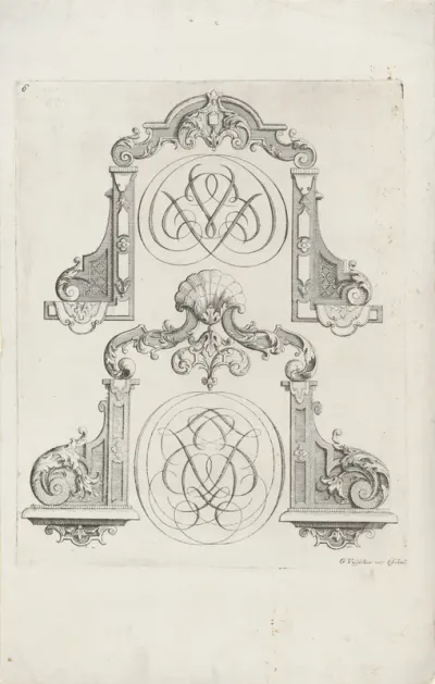 Twee sierlijsten met binnenin een monogram