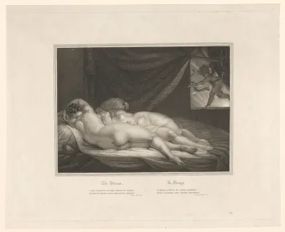 Twee slapende vrouwen en Cupido in het raamkozijn