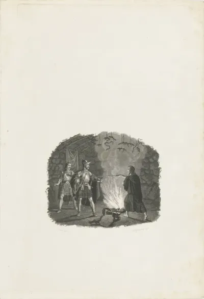 Twee soldaten in de hut van een alchemist