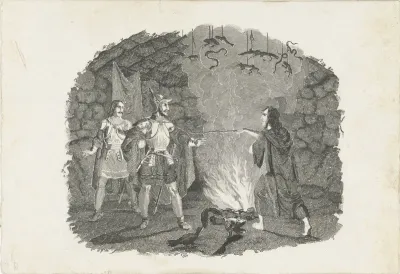 Twee soldaten in de hut van een alchemist