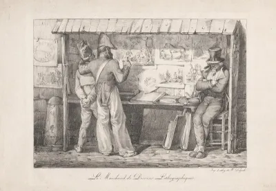 Twee soldaten voor een kraam met lithografieën