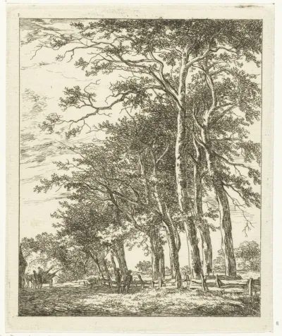 Twee staande figuren bij hoge bomen