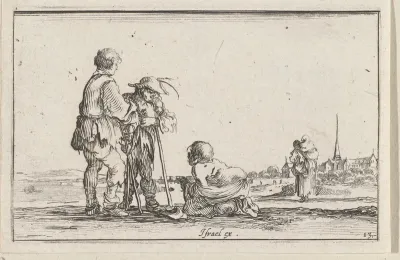Twee staande mannen praten met een hurkende man