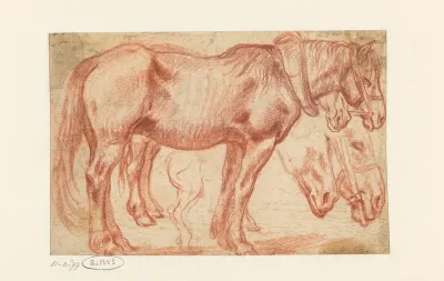 Twee staande paarden, paardenhoofden en achterbenen van een paard
