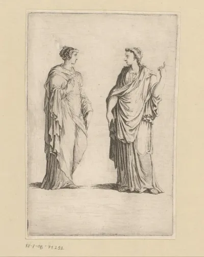Twee staande vrouwen in antieke klederdracht