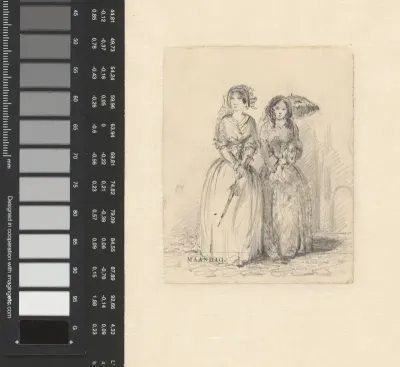 Twee staande vrouwen met parasols