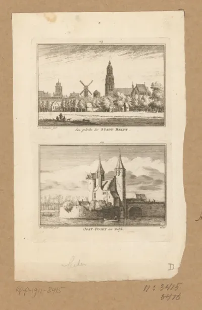 Twee stadsgezichten in Delft, met de Nieuwe Kerk en de Oostpoort