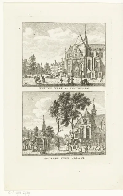 Twee stadsgezichten te Amsterdam met Nieuwe Kerk en Noorderkerk