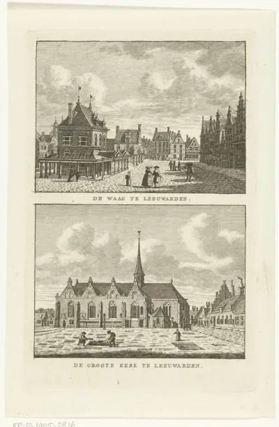 Twee stadsgezichten te Leeuwarden: Waag en Grote Kerk