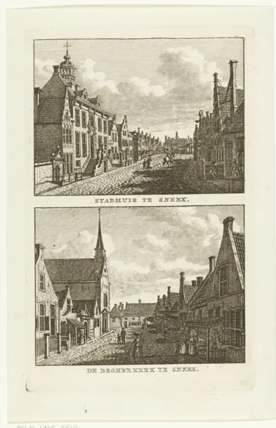 Twee stadsgezichten te Sneek: Stadhuis en Broerekerk