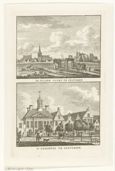 Twee stadsgezichten: Zuiderpoort te Stavoren en stadhuis te Stavoren