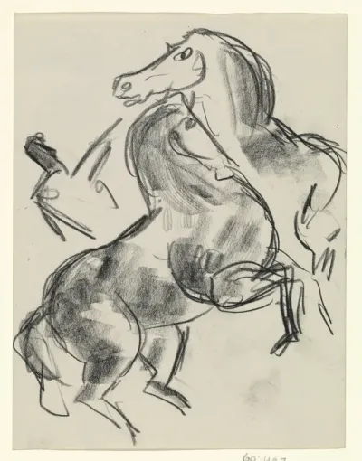 Twee steigerende paarden en een figuur