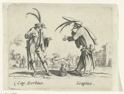 Twee straatartiesten als Capitano Zerbino en Scapino