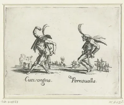 Twee straatartiesten als Cucorongna en Pernoualla