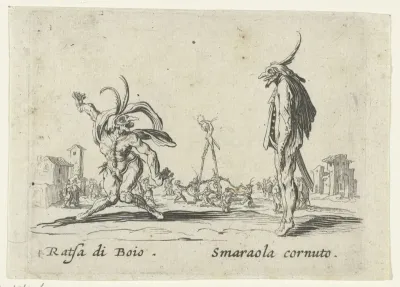 Twee straatartiesten als Ratsa di Boio en Smaraola cornuto