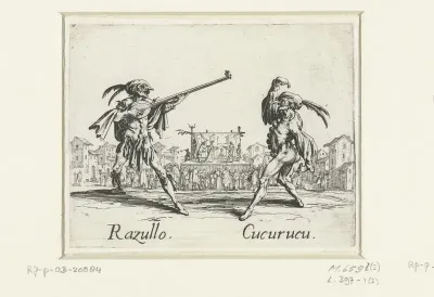 Twee straatartiesten als Razullo en Cucurucu