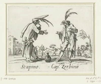 Twee straatartiesten als Scapino en Capitano Zerbino