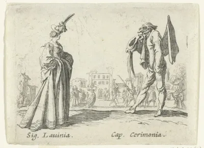 Twee straatartiesten als Signora Lavinia en Capitano Cerimonia