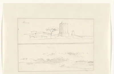 Twee studies op één blad: een gezicht op Rome met de Torre delle Milizie, en een wolkenstudie