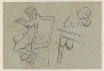 Twee studies van een jongen aan een tafel
