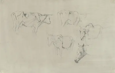 Twee studies van een koe en drie van een paard