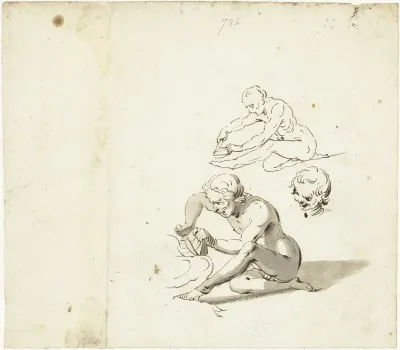 Twee studies van een naakte man en de kop van een jongetje