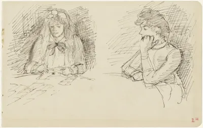 Twee studies van een vrouw zittend aan een tafel