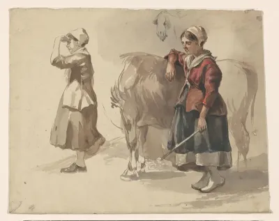 Twee studies van staande vrouwen met muts en het lijf van een koe