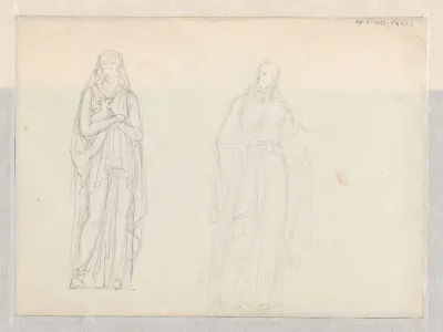 Twee studies voor standbeelden van staande figuren