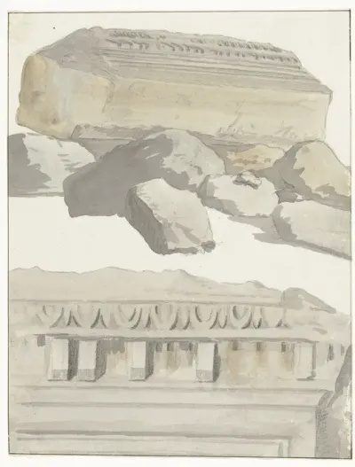 Twee stukken van een architraaf van de antieke tempel in de oude stad Manduria