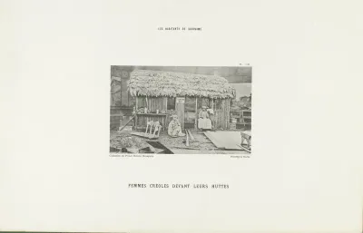 Twee Surinaamse vrouwen voor een plantagewoning op de Koloniale Tentoonstelling, Amsterdam 1883