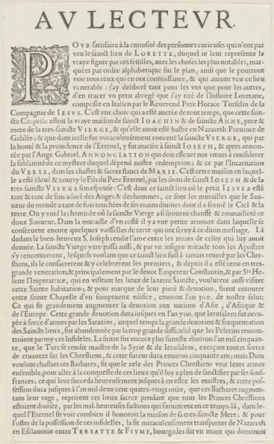 Twee tekstpagina's uit: Le véritable plan et pourtrait de la maison de la Ste. Vierge Maria de Lorette, 1649